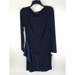 Chaps Dress Womens Size Large Knee Long Dark Blue Stretch Long Sleeve Faux Wrap